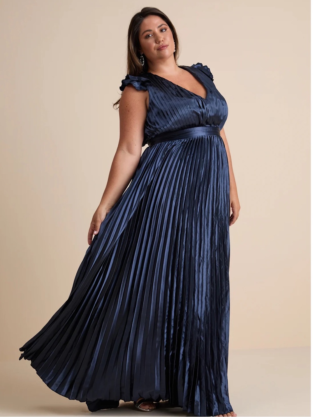 Lulus Exceptional Drama Navy Blue Satin Lace-Up Pleated Maxi Dress 3X